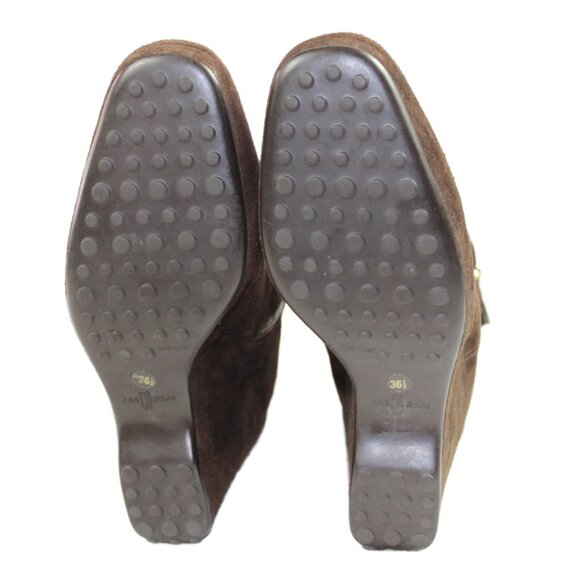 Original Car Shoe Prada Chocolate Suede Gold Tone Eyelet Wedge, Size 36.5 - Picture 9 of 11